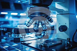 Close up of microscope lenses focused on a specimen in blue light