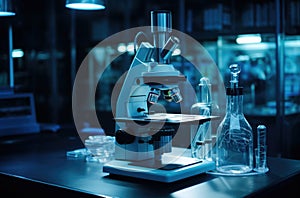 Close up of microscope lenses focused on a specimen in blue light