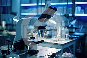 Close up of microscope lenses focused on a specimen in blue light