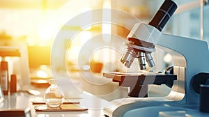 Close-up of microscope with metal lens at modern scientific laboratory backdrop. Medical research concept Generative AI