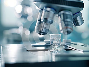 Close-up of a microscope with a sample undergoing analysis in a laboratory setting for scientific