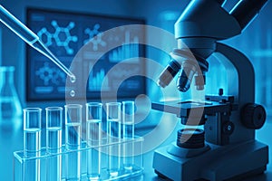 Close-up of a microscope and test tubes with blue liquid in a laboratory, with a computer screen in the background