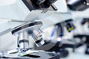 Close-up of microscopes at laboratory