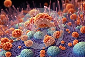 close-up of microscopic bacteria colonies interacting