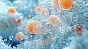 Close-Up of Microscopic Orange Bubbles in Blue Liquid. Concept of Science, Organic Structures