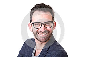 Close up middle age man with glasses smiling against white background