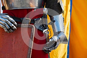 Close up of middle ages armor of the knight. Historic armoring used in combat battles