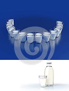 Close-up of milk glasses with reflections. Illustration dental care and beautiful smile teeth. Mock up of dairy glass and bottle