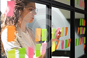 Close up of millennial female collaborate strategy on sticky notes