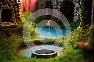 close-up of a mini golf hole with a ball approaching it