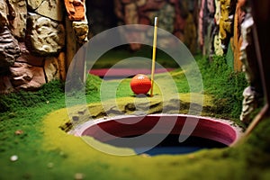 close-up of a mini golf hole with a ball approaching it