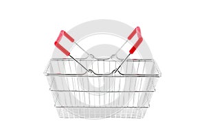 Close up of mini metal red shopping hand basket isolated on white background