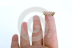 close up miniature metal silver crown, diadem on finger female hand, concept supreme power, underestimation, triumph, symbol of