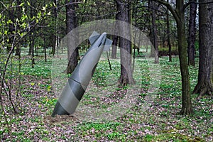 Close up on misfire or unexploded bomb in the forest