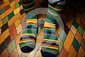 a close-up of mismatched socks on a boys carpeted floor