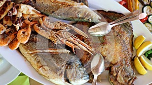 Close up of mixed grilled fish with turbot, sea bass, sea bream, prawns and squids
