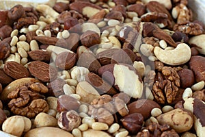 Close-up of mixed nuts (hazelnut, almond, walnut, Brazil, and pine nuts), brain food concept