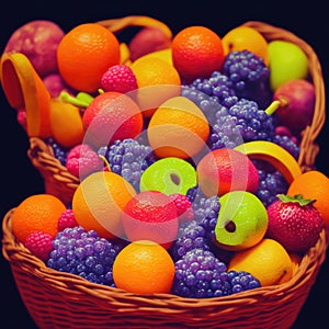 Close up of mixed summer fruit: berries, peaches, cherries