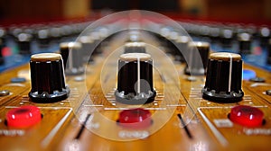 A close up of a mixing board with knobs and buttons, AI