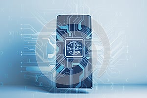 Close up of mobile phone with abstract brain and binary code circuit on blurry background. Chip, data, ai, and future concept.