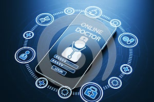 Close up of mobile phone with abstract medical hologram, doctor with stethoscope and other icons on blue background. Digital