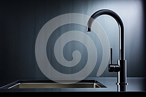 Close-up of modern black matte kitchen faucet, black acrylic stone countertop, stainless steel built-in sink against the