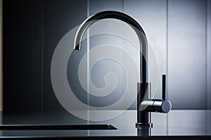 Close-up of modern black matte kitchen faucet, black acrylic stone countertop, stainless steel built-in sink against the