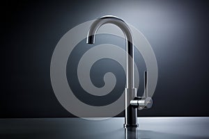 Close-up of modern black matte kitchen faucet, black acrylic stone countertop, stainless steel built-in sink against the