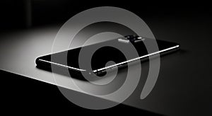 Sleek Black Smartphone on Dark Reflective Surface, Modern Technology Concept