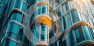 A close-up of a modern building with curved windows and a yellow balcony photo