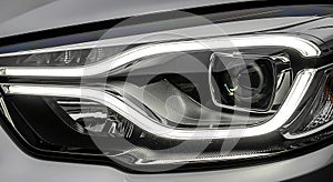 Close-up of Modern Car Headlight with LED and Projector Lens