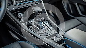 Close-up of modern car's center console with gear stick, buttons, and controls