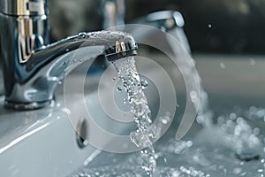 Close-up of a modern chrome faucet with water flowing, focus on water droplets, blurred background. Suitable for