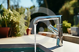 Close-up of modern chrome kitchen faucet with running water, acrylic stone countertop, stainless steel built-in sink