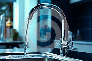 Close-up of modern chrome kitchen faucet with running water, acrylic stone countertop, stainless steel built-in sink