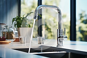 Close-up of modern chrome kitchen faucet with running water, acrylic stone countertop, stainless steel built-in sink