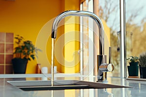 Close-up of modern chrome kitchen faucet with running water, acrylic stone countertop, stainless steel built-in sink