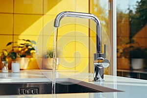 Close-up of modern chrome kitchen faucet with running water, acrylic stone countertop, stainless steel built-in sink