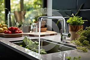 Close-up of modern chrome kitchen faucet with running water, acrylic stone countertop, stainless steel built-in sink