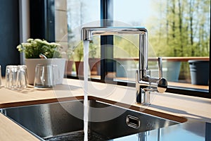 Close-up of modern chrome kitchen faucet with running water, acrylic stone countertop, stainless steel built-in sink