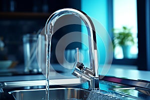 Close-up of modern chrome kitchen faucet with running water, acrylic stone countertop, stainless steel built-in sink