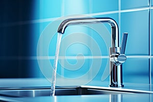 Close-up of modern chrome kitchen faucet with running water, stainless steel built-in sink against the background of