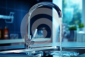 Close-up of modern chrome kitchen faucet with running water, stainless steel built-in sink against the background of