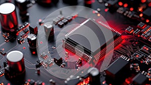 Closeup of a modern circuit board with a black microchip and red highlights photo