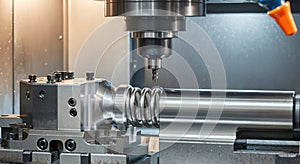 Close-up of a modern CNC machine tool with a metal spring component, showing high-precision industrial machining process in a