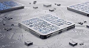 Close up of a modern computer chip with intricate blue circuit patterns on a gray board