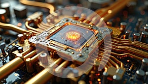 Close-up of modern computer chip. Quantum computing, data processing, ai, neural networks, machine learning tech concept.