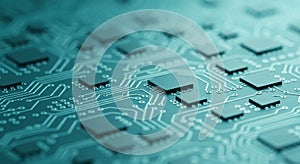Close up of a modern computer circuit board with microchips and pathways