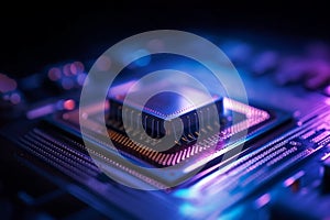 Close-up of modern computer micro chip in purple and blue light, modern ai generated