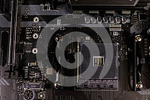 Close-up of modern computer motherboard. Electronic computer hardware technology